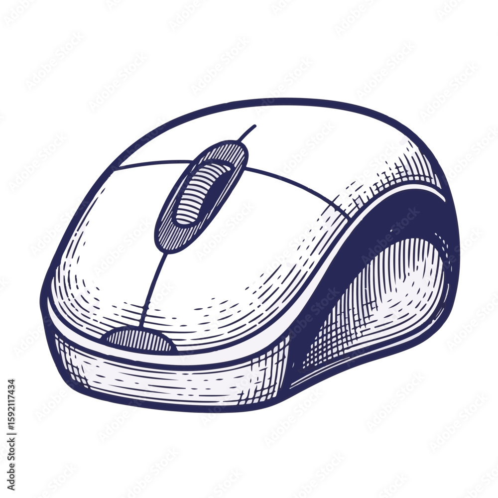 Poster computer mouse illustration of modern computer mouse on white, featuring sketch style. computer mous