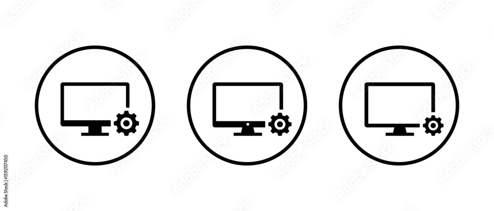 Poster computer setup icon set. monitor with configuration gear symbol. system maintenance and settings con