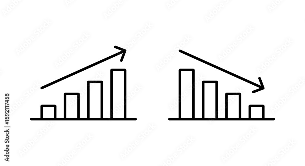 Poster up and down graph icon in line style. outline bar chart with uptrend and downtrend arrow symbol