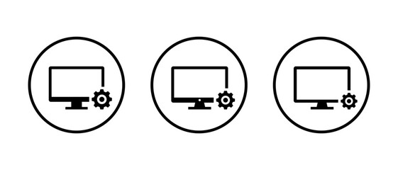 Computer setup icon set. Monitor with configuration gear symbol. System maintenance and settings concept in circular outline