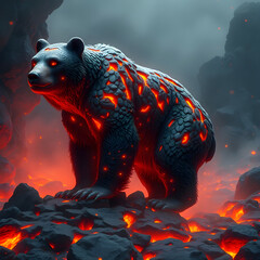 A fearsome lava bear with glowing red eyes and molten cracks across its obsidian-like hide stands powerfully amidst a fiery volcanic landscape