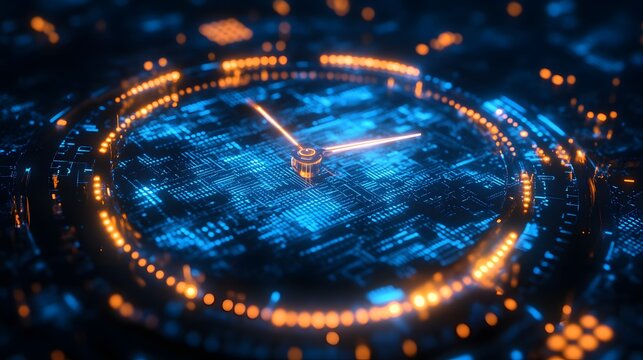 Digital Time: A striking illustration of a clock face rendered in a futuristic, circuit-board design, emphasizing the concept of time and technology's influence on modern life.