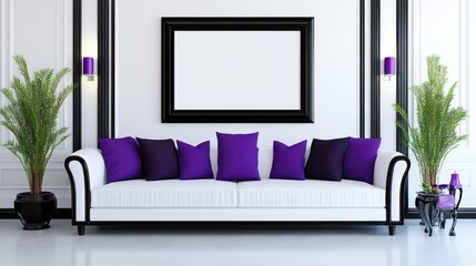 A stylish living room interior with a white sofa and purple accent pillows.