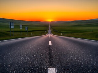 Fototapeta premium A long, open road stretches towards a vibrant sunset over rolling green hills, symbolizing journey and endless possibilities.