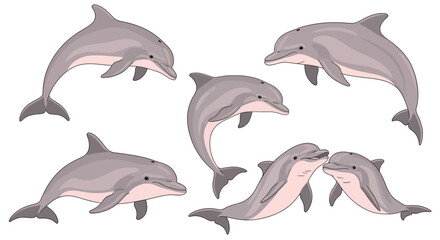 Naklejka premium Cartoon illustration of six Amazon River dolphins swimming together 