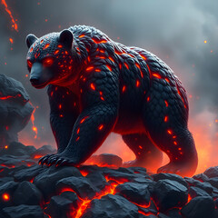 A fearsome lava bear with glowing red eyes and molten cracks across its obsidian-like hide stands powerfully amidst a fiery volcanic landscape