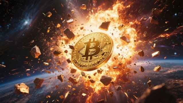 Bitcoin cryptocurrency explosion in space, financial market crash concept. - Powered by Adobe