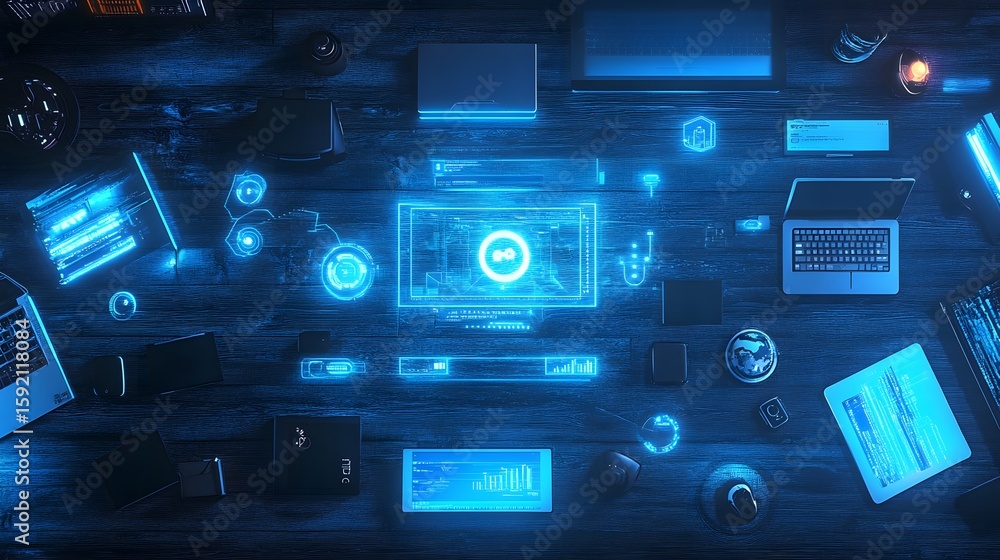 Poster tech workspace: a top-down shot captures a modern workspace glowing with neon blue digital data and 