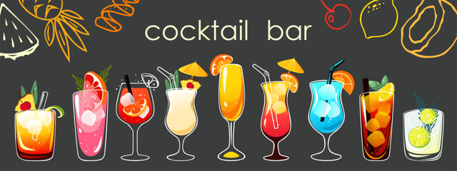 Background with alcoholic cocktails in a bar. Banner with tropical cocktails gin tonic, paloma, mimosa, pina colada. Vector illustration.