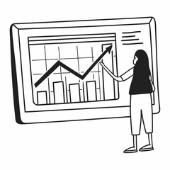 Outline drawing of a person pointing at a forecast chart with arrows and future goals, data trends on screen, modern linear black and white art