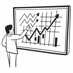 Outline drawing of a person pointing at a forecast chart with arrows and future goals, data trends on screen, modern linear black and white art