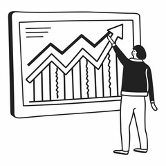 Outline drawing of a person pointing at a forecast chart with arrows and future goals, data trends on screen, modern linear black and white art