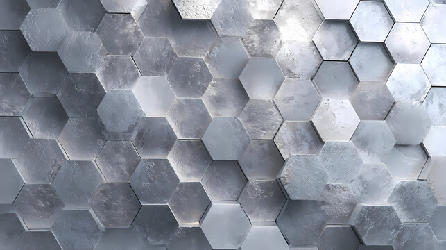 Abstract background of gray and silver hexagonal shapes with textured surface. tiled surface. Illustration