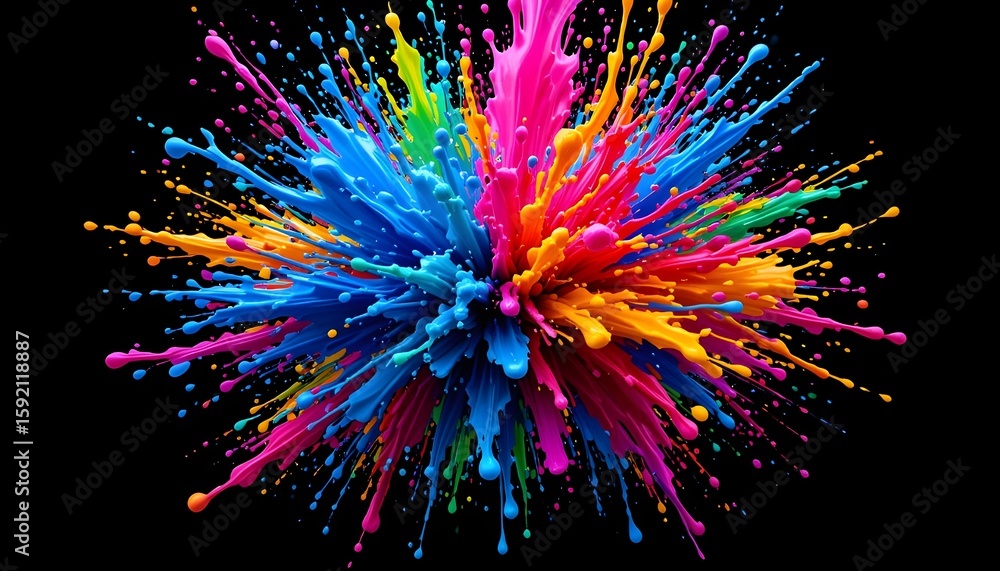 Poster a vibrant explosion of colorful paint splatters against a stark black background creating a dynamic 