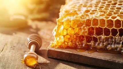 A beekeeper's frame, rich with honeycomb and glistening honey, resting on a wooden surface next to a honey dipper, natural and organic lifestyle, golden light, macro detail on the hexagonal cells.