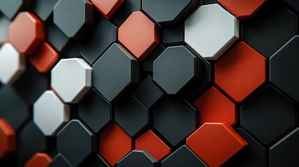 Abstract hexagonal pattern of black, white, and red shapes