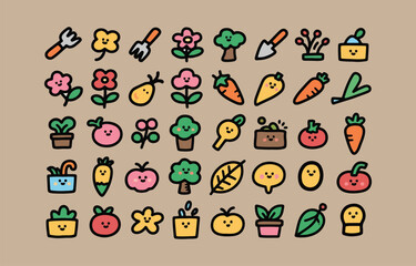 Cute Kawaii Garden Icons:  Happy Vegetables, Flowers, and Plants in Bold Outline Style.