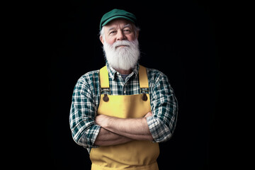 Full-length portrait of a corpulent fisherman with white beard, friendly face and crossed arms, wearing yellow overalls over green plaid shirt and dark green cap, isolated on black background