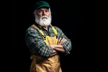Full-length portrait of a corpulent fisherman with white beard, friendly face and crossed arms, wearing yellow overalls over green plaid shirt and dark green cap, isolated on black background