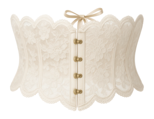 Ivory lace corset belt with scalloped edges and front hook closure