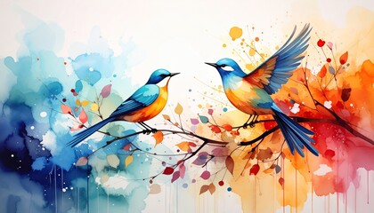 Two colorful birds on a branch, amidst vibrant watercolor splashes
