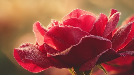 Close-up of a vibrant red rose in soft morning light