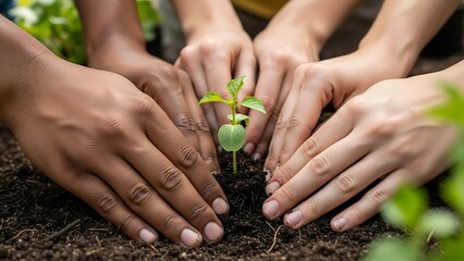 Several hands gently plant a young seedling into fertile soil, reflecting unity, care for the environment, and shared responsibility for a sustainable future.