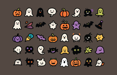 Cute Halloween Cartoon Icons:  Ghosts, Pumpkins, Bats, and More!