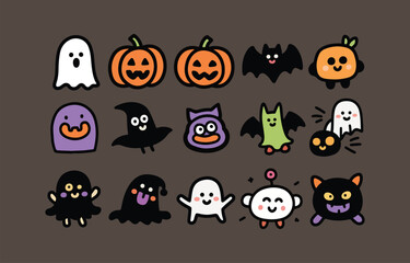 Cute Halloween Cartoon Characters:  Whimsical, Friendly, Spooky Icons Set