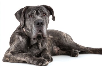 Obraz premium A brindle Cane Corso lying down photographed against a white background