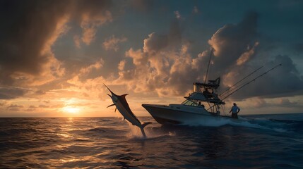 Fisherman on a sportfishing boat chasing a leaping marlin at sunset