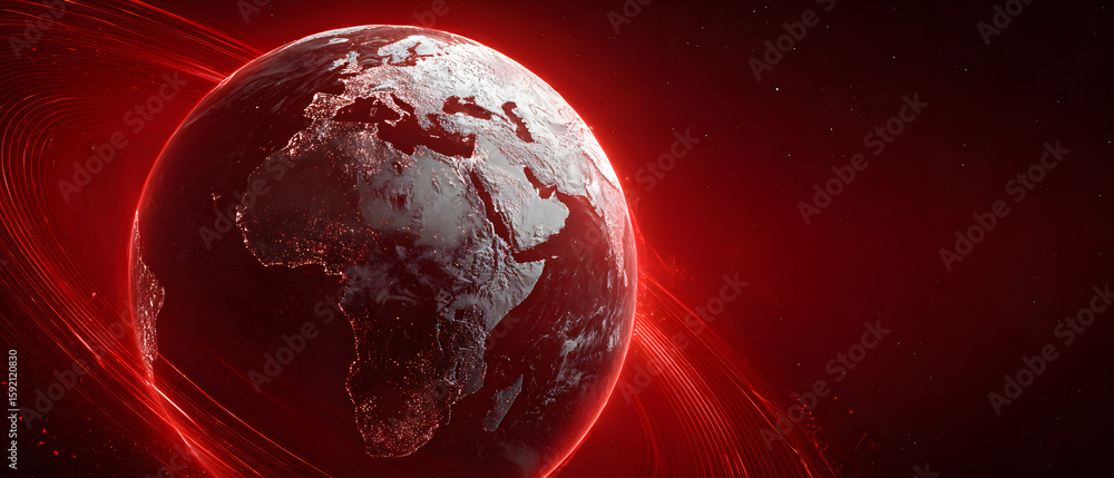 Poster red background with a globe in the center. the globe is surrounded by a red line. concept of technol