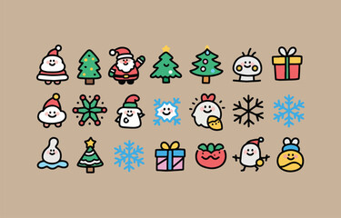 Cheerful Christmas cartoon icons:  Santa, snowmen, trees, gifts, snowflakes; festive, whimsical style.