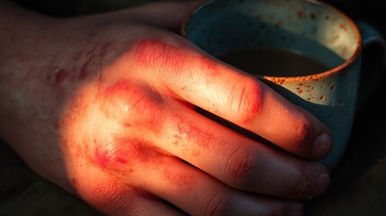 Sunlit hand holding a mug of warm drink