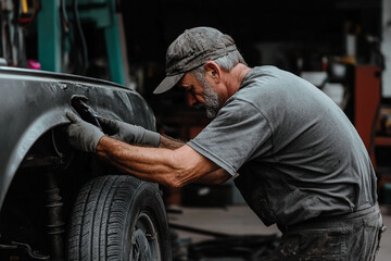 Fototapeta premium Mechanic replaces car tire during busy workshop hours