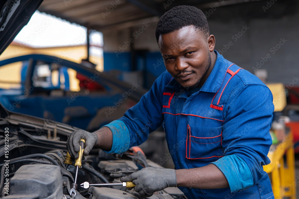 Poster mechanic working on vehicle with screwdriver set in workshop