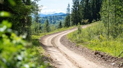 Fototapeta premium Winding Dirt Road Amidst Lush Forest: A scenic dirt road meanders through a vibrant forest, inviting exploration and promising adventure.