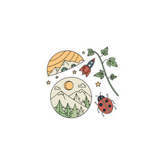 Vector of a mountain rocket ladybug and flower