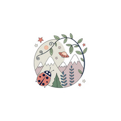Scenery vector with mountain and ladybug