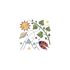 Vector illustration of an earth,sun,flower and ladybird