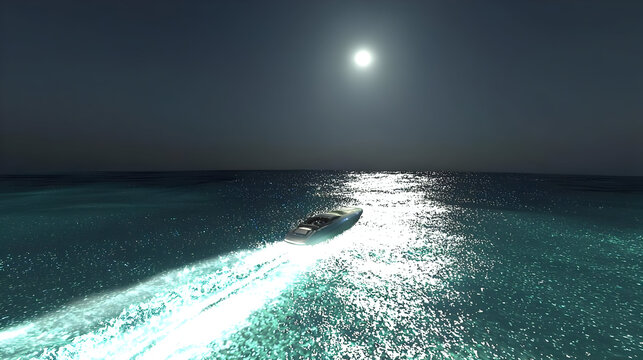 Luxurious motorboat gliding across tranquil ocean waters at night under a bright moon.  Ocean surface reflects the light