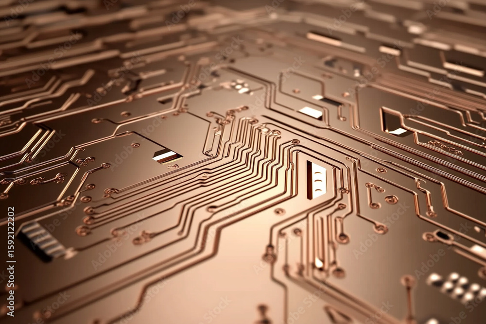 Poster exploring intricate details of a copper microcircuit layout
