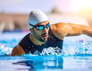 A male swimmer doing freestyle in a bright pool, side perspective from water level.