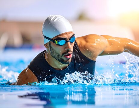 A male swimmer doing freestyle in a bright pool, side perspective from water level.