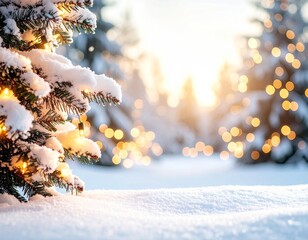 Snowy Christmas tree with warm lights