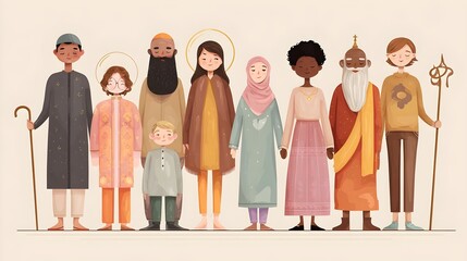 Group of people from different religions standing together, smiling, with symbols of unity and diversity.
Concept: Interfaith harmony, unity, diversity, peace, respect, cultural inclusion, shared huma