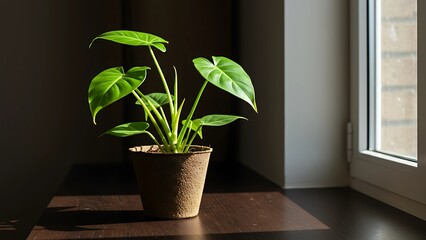 In the gentle morning sunlight, a potted green plant sits calmly on a wooden table, bringing a sense of freshness, balance, and minimalist beauty to the indoor space.