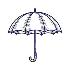 Classic umbrella illustration on white background. Detailed umbrella drawing with elegant lines and curved handle. Simple umbrella graphic perfect for websites, brochures, and print designs.