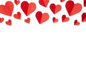 Ai generated image of a collection of red paper hearts scattered across the top isolated on transparent background