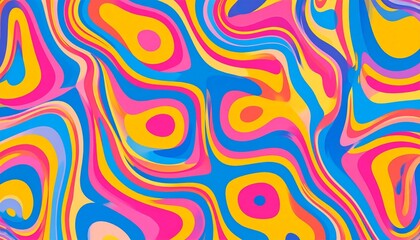 Fototapeta premium Seamless fluid pattern. Abstract colorful shapes, bright colors in 60s psychedelic style on a cool background. Vibrant wavy curves. Flowing retro design.